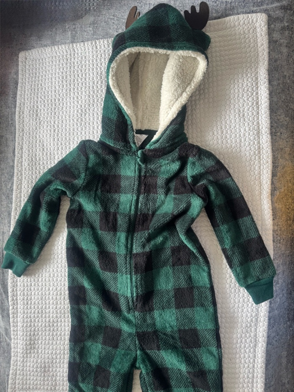 Green and Black Buffalo Plaid Fleece Hooded Onesie